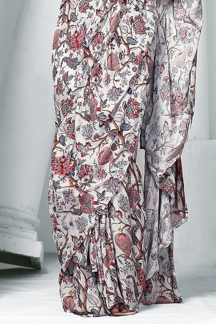 White Printed Pre-Draped Ruffle Party Wear Saree Set by Saangi at Pernia's Pop Up Shop