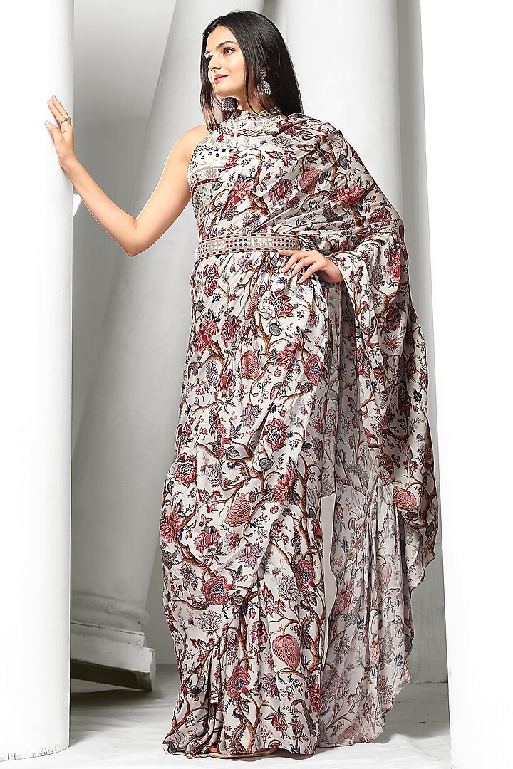 White Printed Pre-Draped Ruffle Party Wear Saree Set by Saangi at Pernia's Pop Up Shop