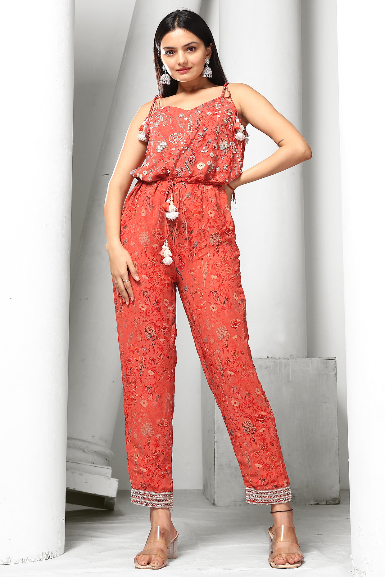 Orange Hand Embroidered Jumpsuit by Saangi