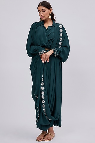 Peacock Blue Crepe Dhoti Set by Saangi
