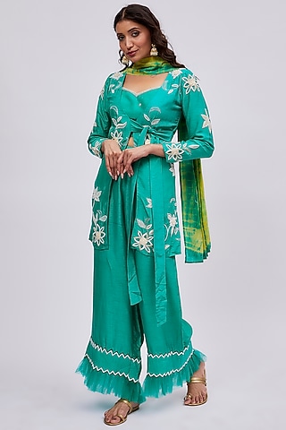 Blue Silk Embroidered Jacket Set by Saangi