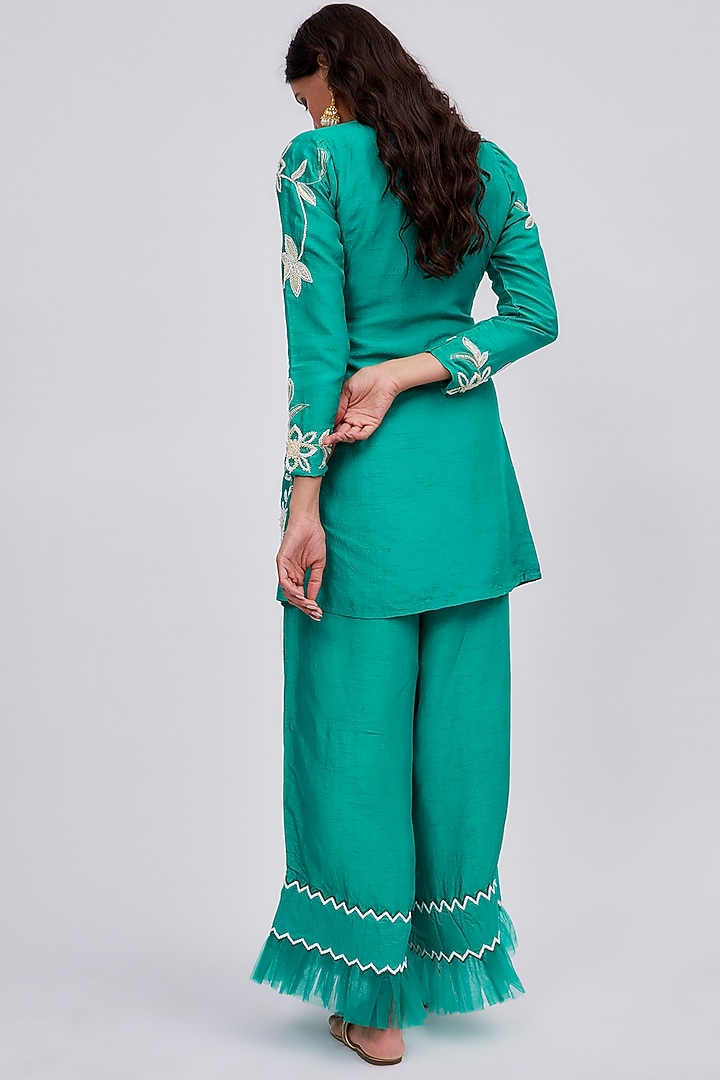 Blue Silk Embroidered Jacket Set by Saangi at Pernia's Pop Up Shop