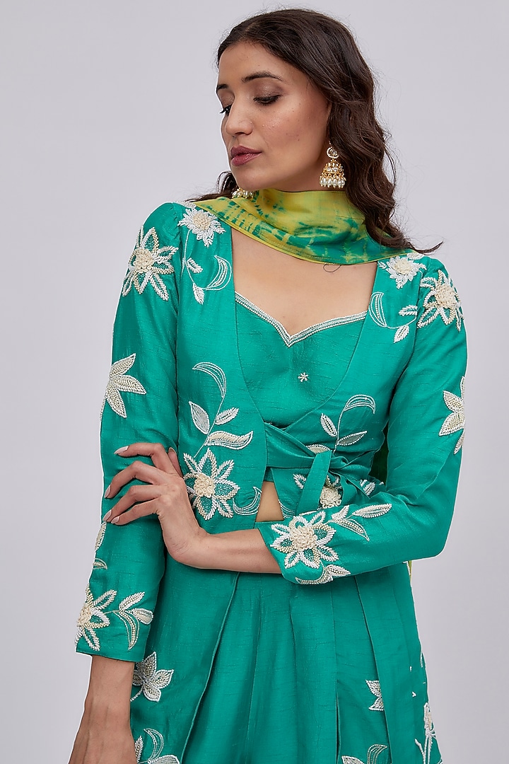 Blue Silk Embroidered Jacket Set by Saangi at Pernia's Pop Up Shop