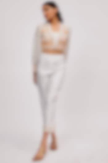 White Dola Silk Embroidered Crop Jacket Set by Saangi at Pernia's Pop Up Shop