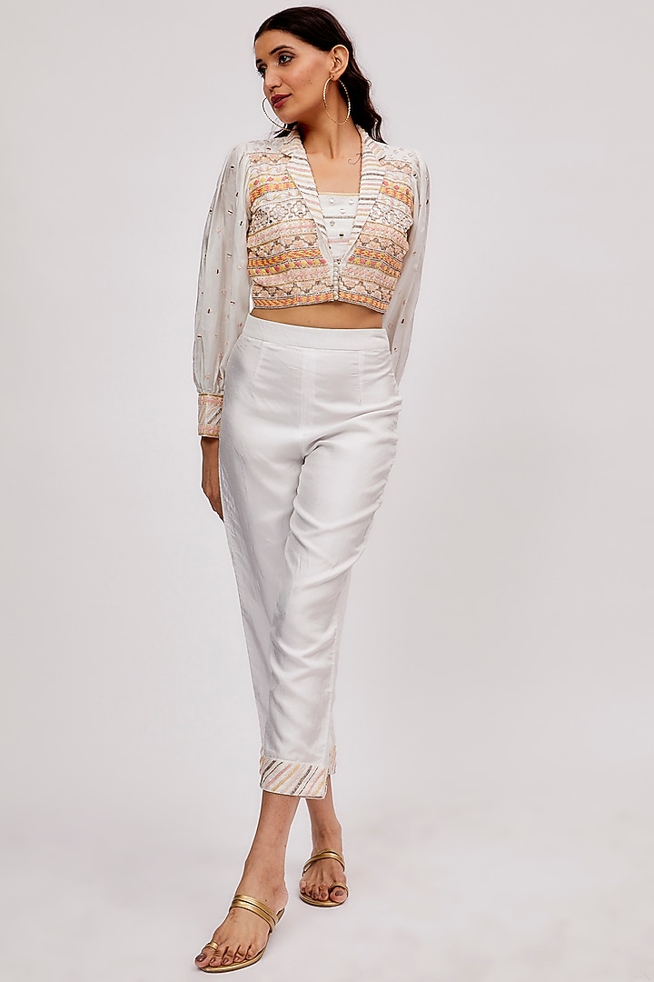 White Dola Silk Embroidered Crop Jacket Set by Saangi at Pernia's Pop Up Shop
