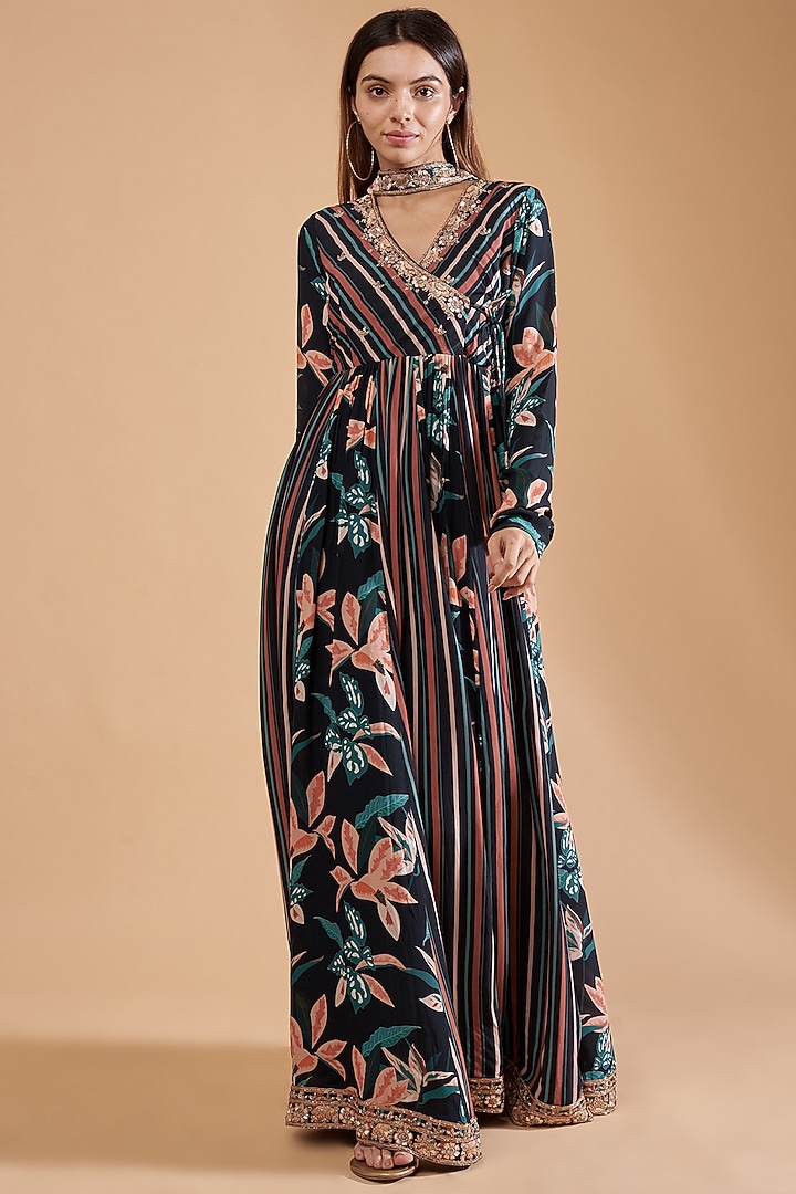 Multi-Colored Georgette Printed & Embroidered Wedding Anarkali Set by Saangi at Pernia's Pop Up Shop