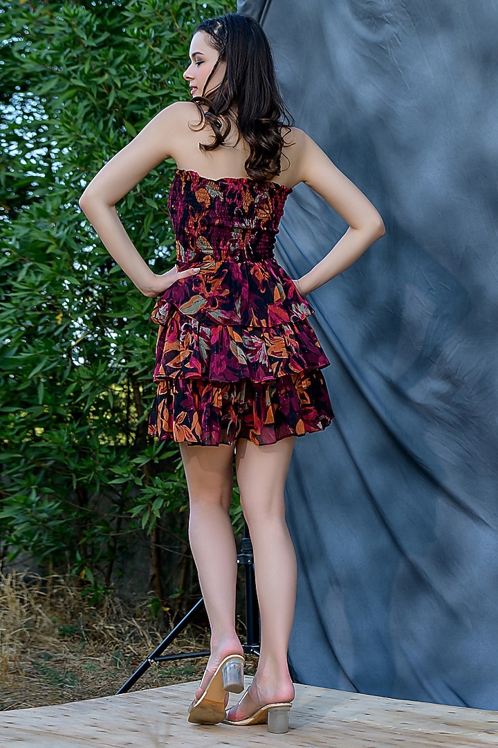Multi-Colored Lurex Chiffon Floral Printed Layered Mini Tube Summer Dress by Saangi at Pernia's Pop Up Shop