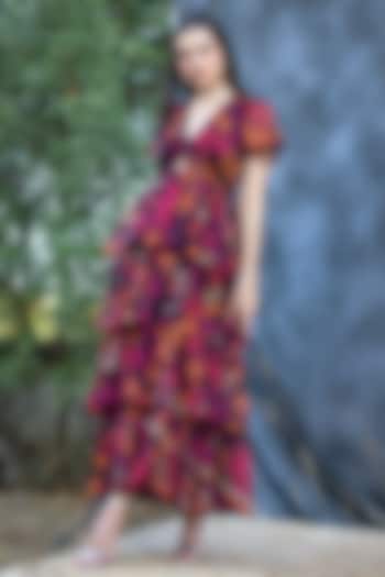 Multi-Colored Lurex Chiffon Floral Printed Layered Maxi Summer Dress by Saangi at Pernia's Pop Up Shop