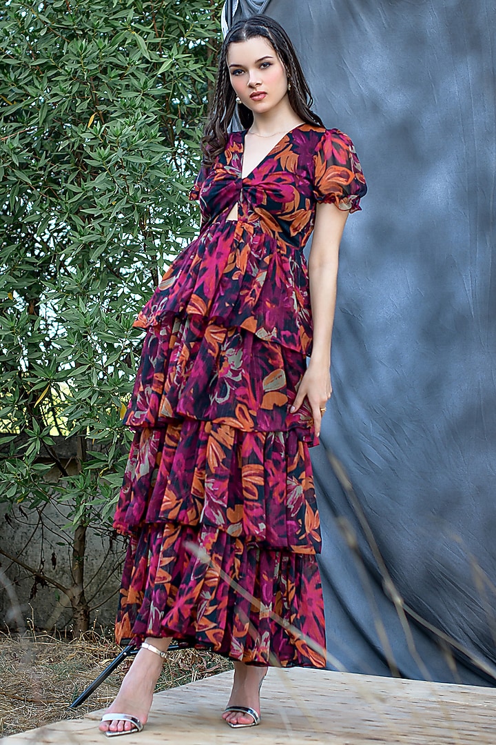 Multi-Colored Lurex Chiffon Floral Printed Layered Maxi Summer Dress by Saangi at Pernia's Pop Up Shop