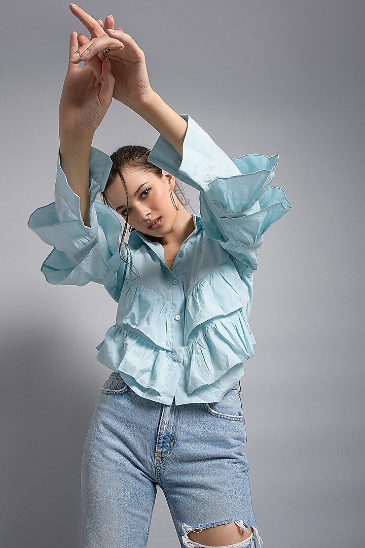 Sky Blue Cotton Layered Frill Shirt by Saangi