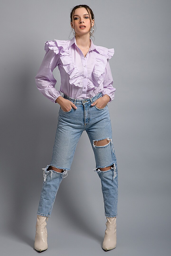 Lilac Cotton Frilled Shirt by Saangi at Pernia's Pop Up Shop