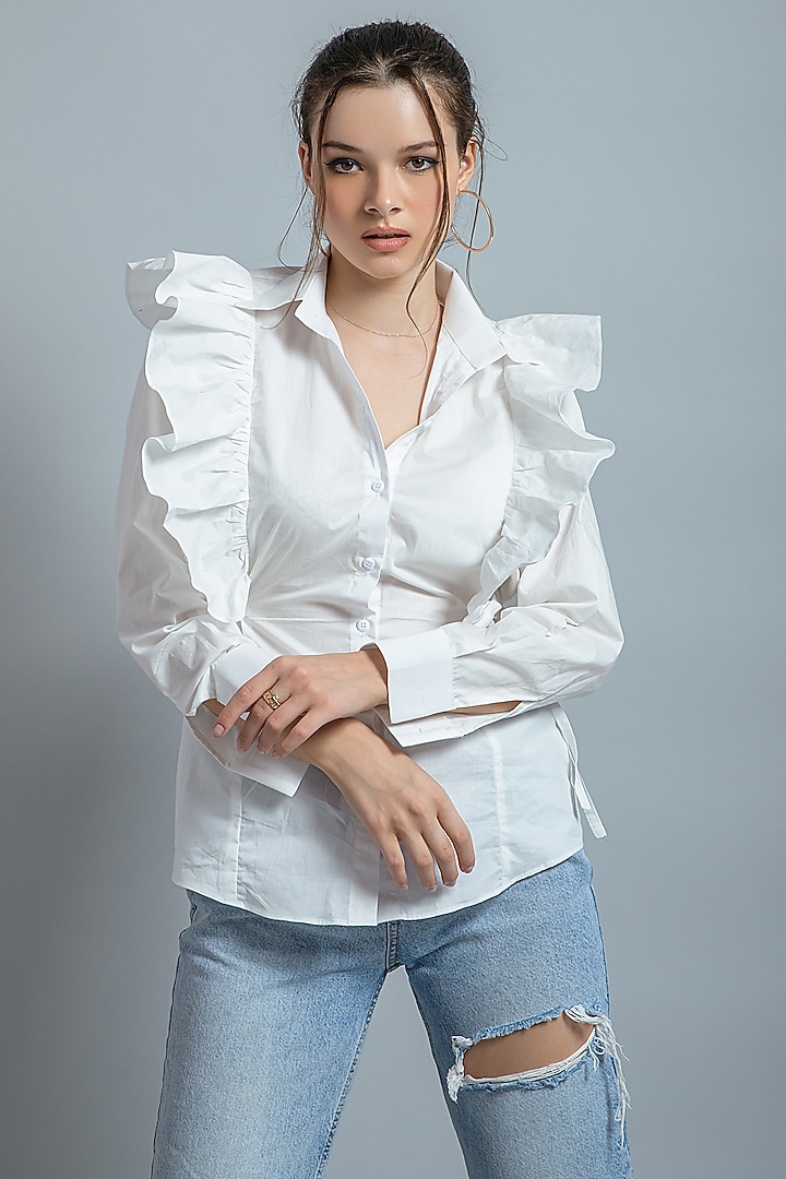 White Cotton Frilled Shirt by Saangi