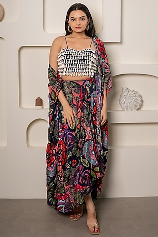 Purple Natural Crepe Floral Printed Draped Skirt Set by Saangi