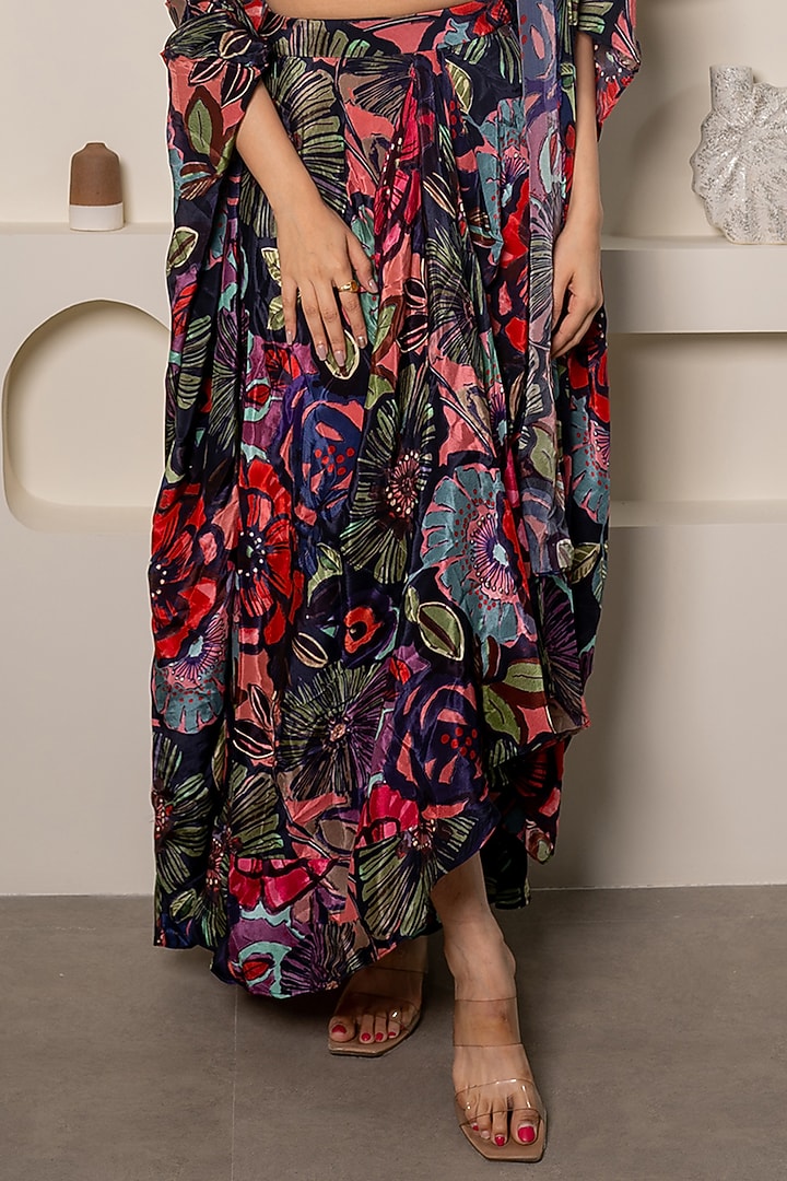 Purple Natural Crepe Floral Printed Draped Skirt Set by Saangi at Pernia's Pop Up Shop