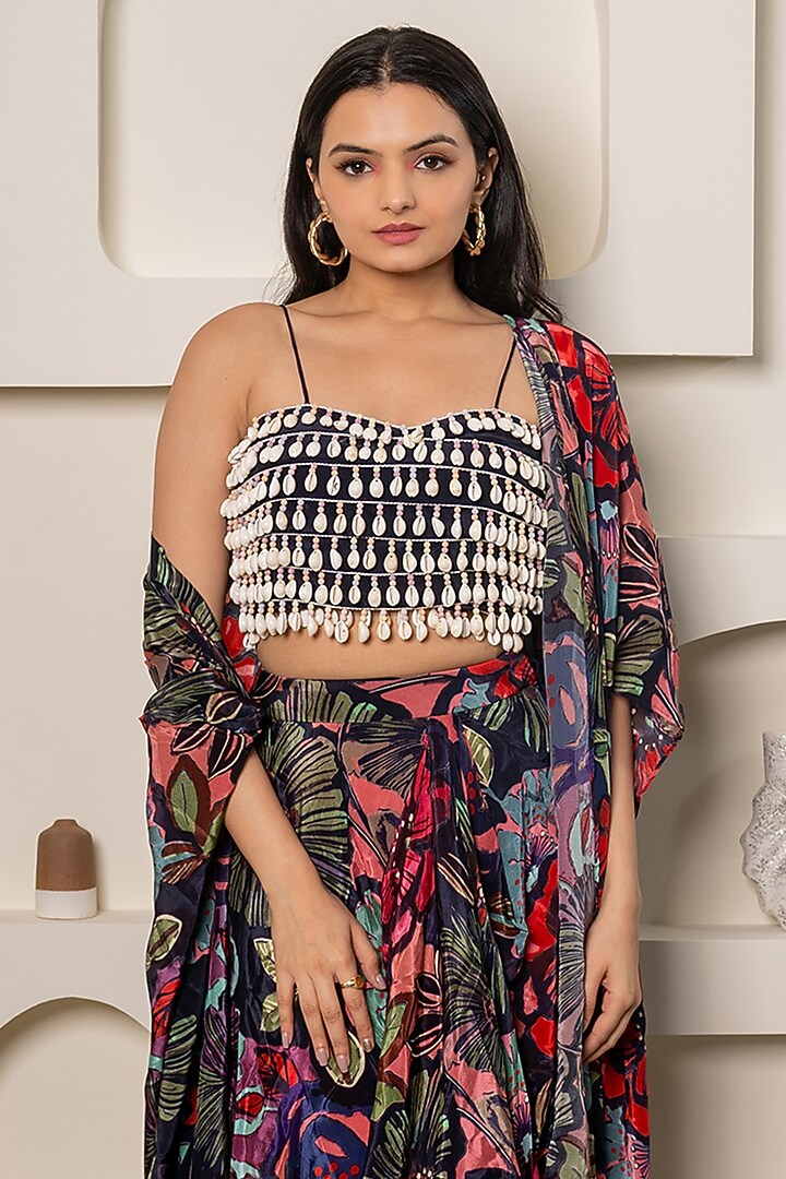 Purple Natural Crepe Floral Printed Draped Skirt Set by Saangi at Pernia's Pop Up Shop
