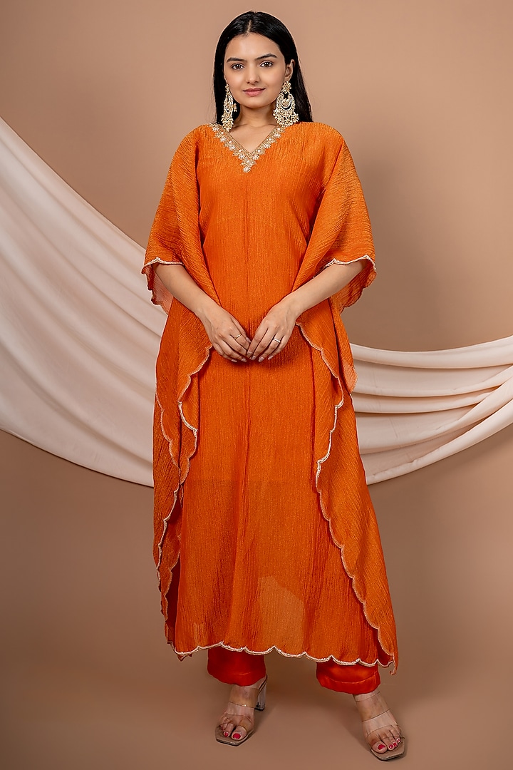 Orange Tissue Hand Embroidered Kaftan Set by Saangi at Pernia's Pop Up Shop