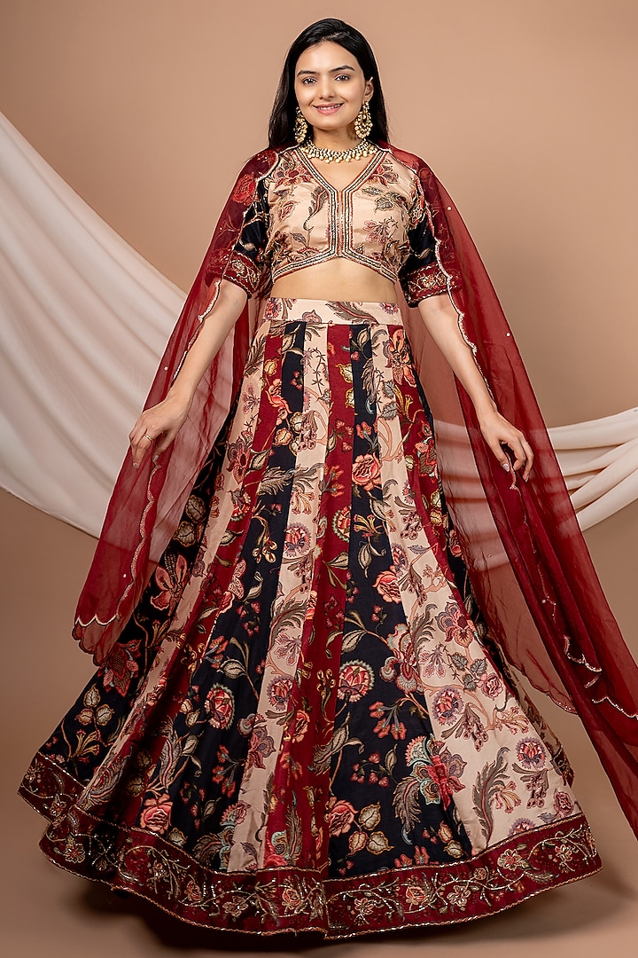 Multi-Colored Raw Silk Floral Printed Kalidar Lehenga Set by Saangi at Pernia's Pop Up Shop