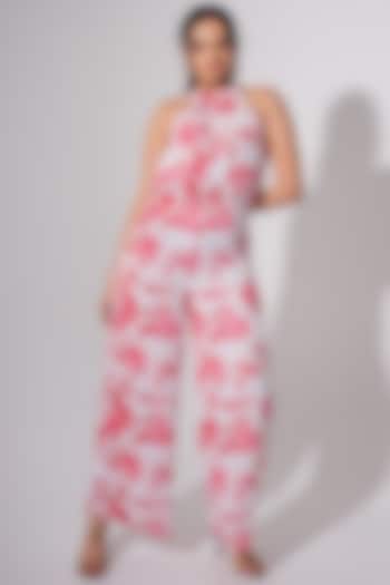 Red & White Polyester Floral Printed Jumpsuit by Saangi