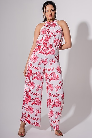Red & White Polyester Floral Printed Jumpsuit by Saangi