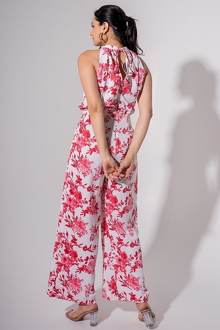 Red & White Polyester Floral Printed Jumpsuit by Saangi at Pernia's Pop Up Shop