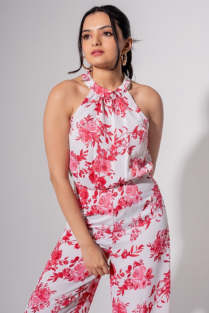 Red & White Polyester Floral Printed Jumpsuit by Saangi at Pernia's Pop Up Shop