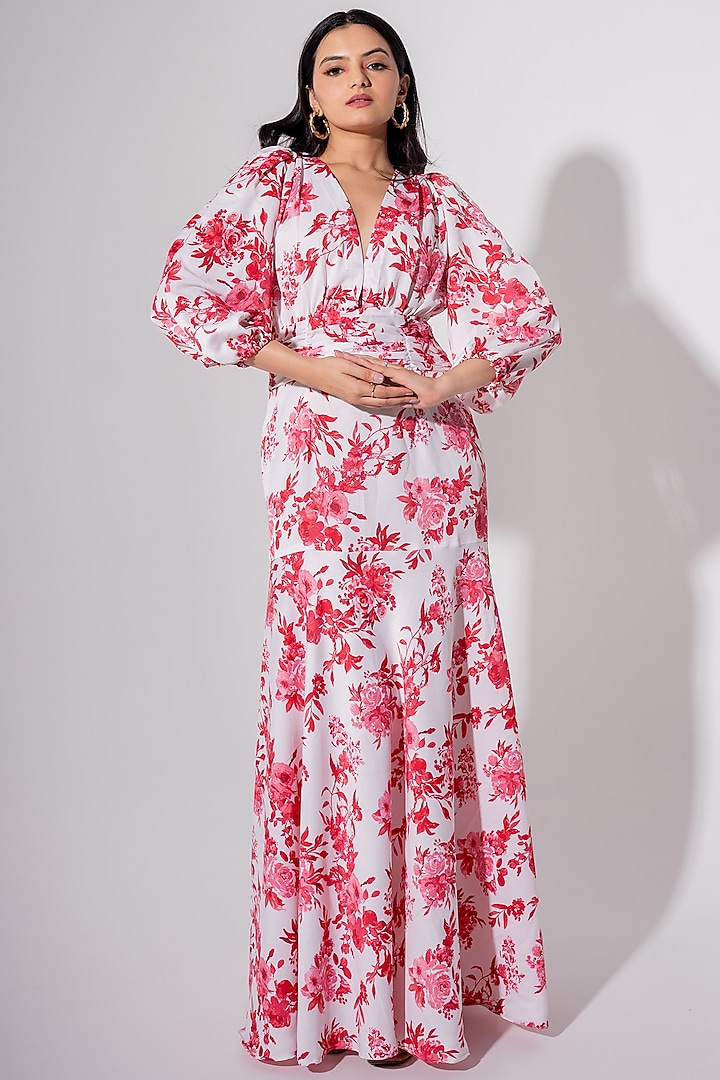 Red & White Polyester Floral Printed Maxi Dress by Saangi
