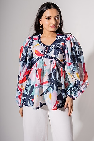 Multi-Colored Mul Cotton Floral Printed Top by Saangi
