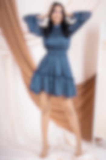 Blue Chiffon Gathered Mini Dress by Saangi