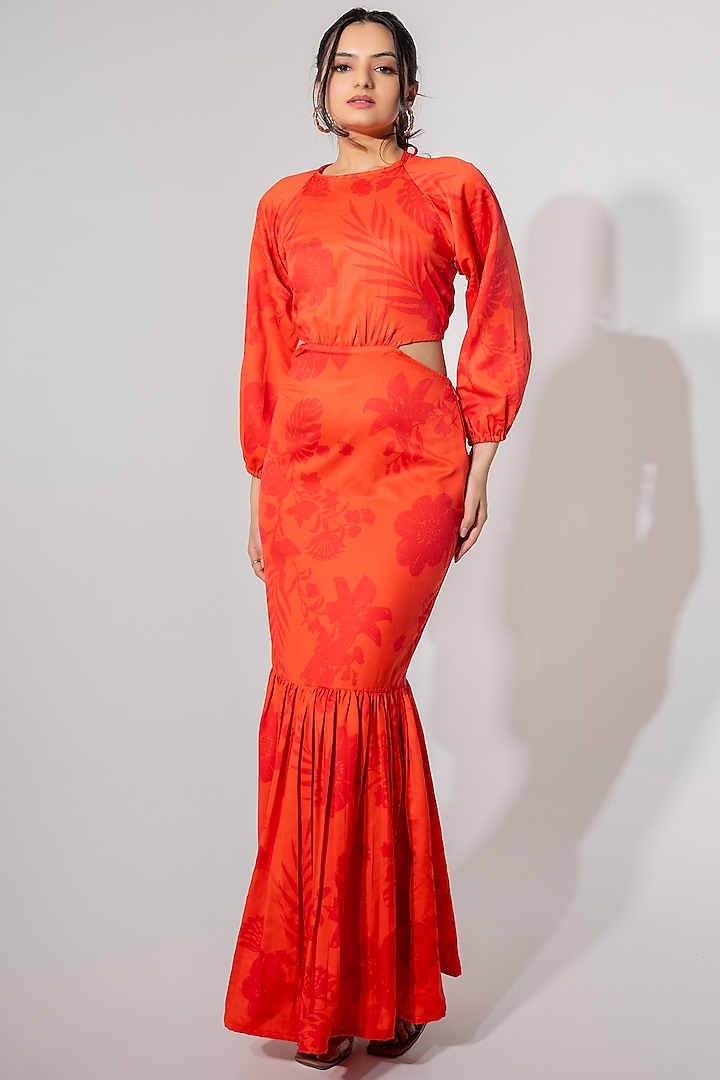 Orange Satin Floral Printed Maxi Fish Cut Dress by Saangi