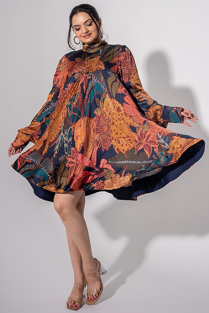 Multi-Colored Modal Satin Tiger Printed Mini Flared Dress by Saangi