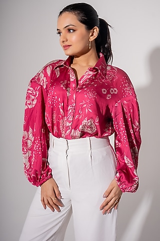 Hot Pink Poly Satin Crepe Floral Printed Shirt by Saangi