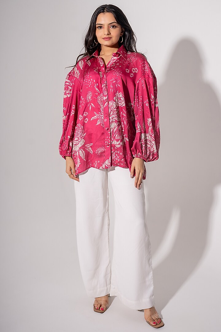 Hot Pink Poly Satin Crepe Floral Printed Shirt by Saangi at Pernia's Pop Up Shop