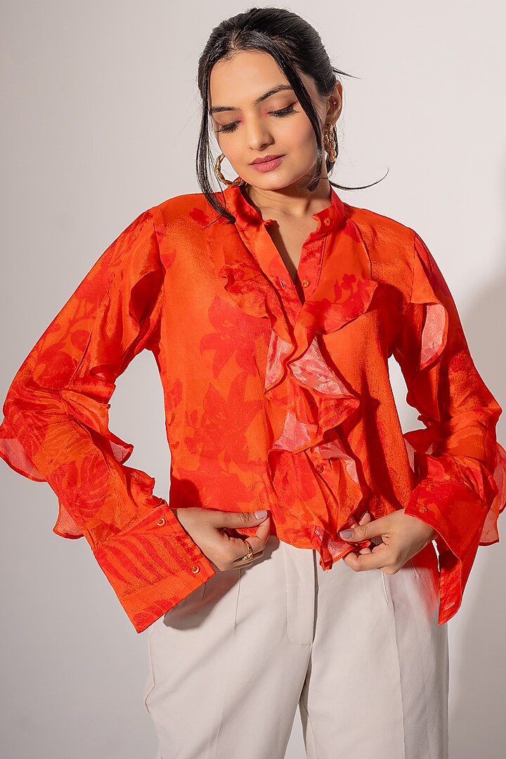 Orange Chinon Floral Printed Shirt by Saangi at Pernia's Pop Up Shop