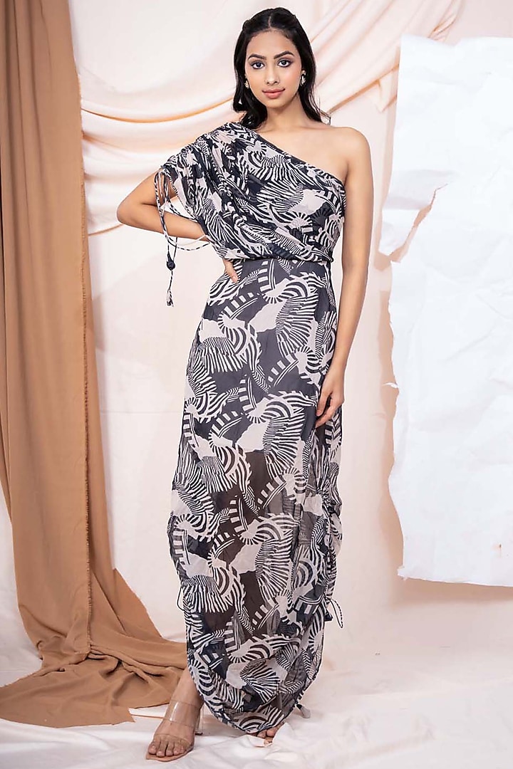 Black & Cream Viscose Georgette Abstract Zebra Printed One-Shoulder Maxi Dress by Saangi