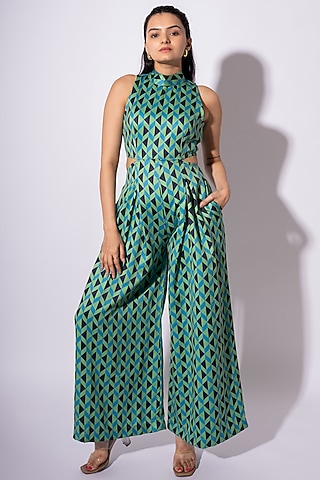 Green Poly Satin Geometric Printed Halter Neck Jumpsuit by Saangi