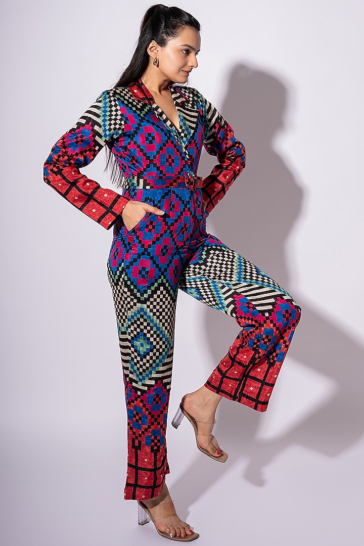 Multi-Colored Cotton Silk Geometric Printed Jumpsuit by Saangi