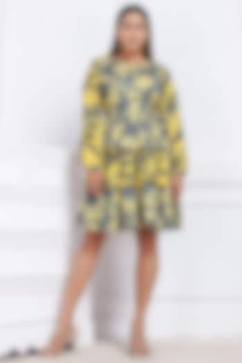 Yellow & Blue Printed Mini Dress by Saangi at Pernia's Pop Up Shop