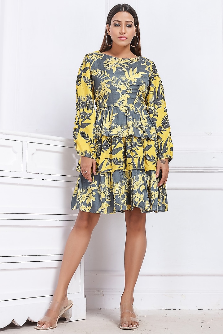 Yellow & Blue Printed Mini Dress by Saangi at Pernia's Pop Up Shop