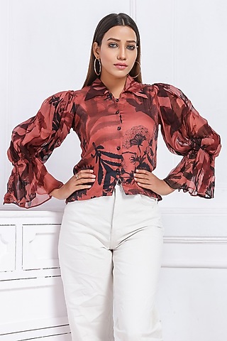 Brown Satin Printed Shirt by Saangi