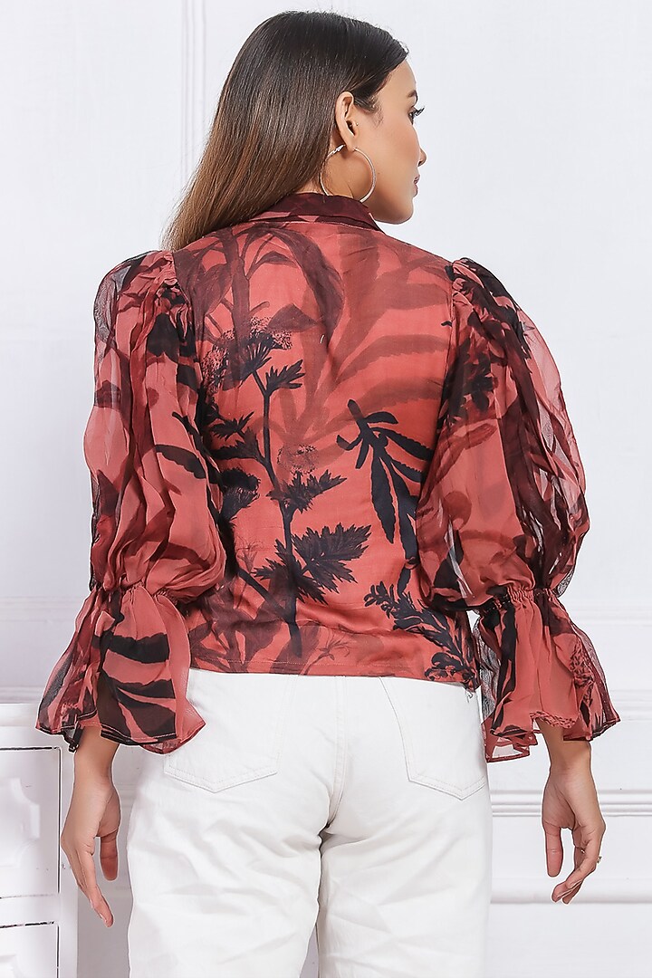 Brown Satin Printed Shirt by Saangi at Pernia's Pop Up Shop