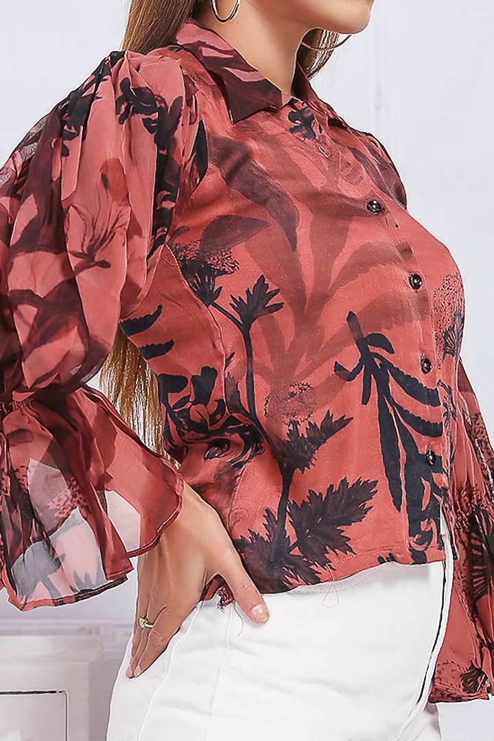 Brown Satin Printed Shirt by Saangi at Pernia's Pop Up Shop