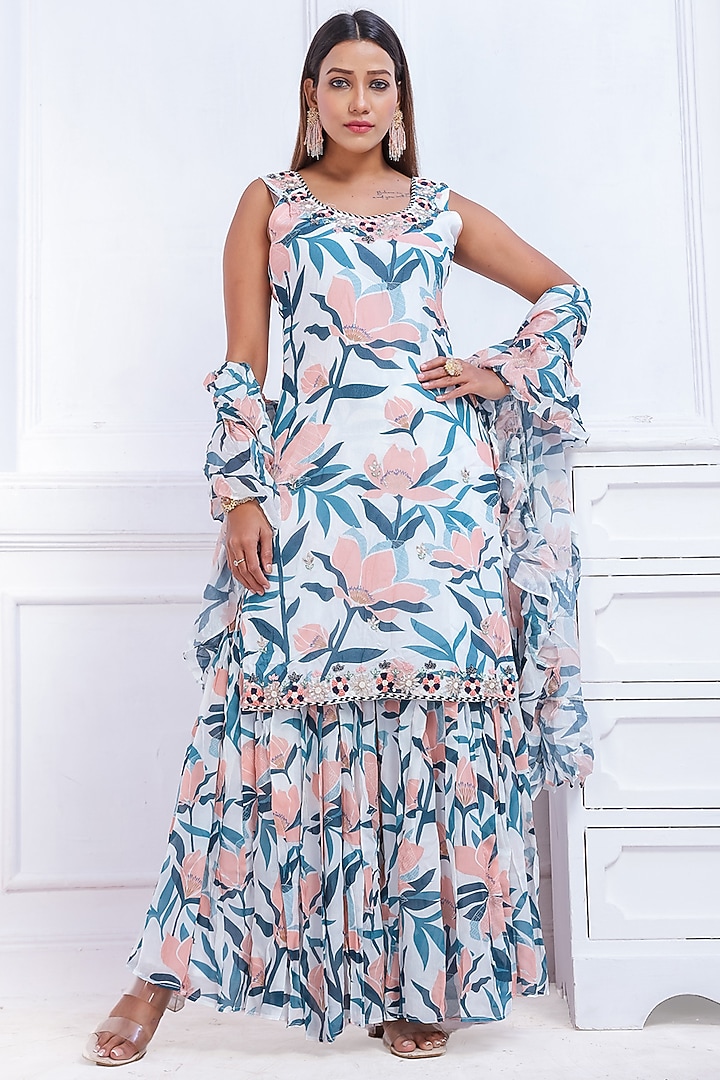 White Floral Print Sharara Set by Saangi at Pernia's Pop Up Shop