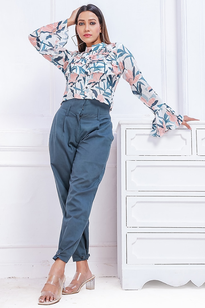 White Viscose Floral Shirt by Saangi