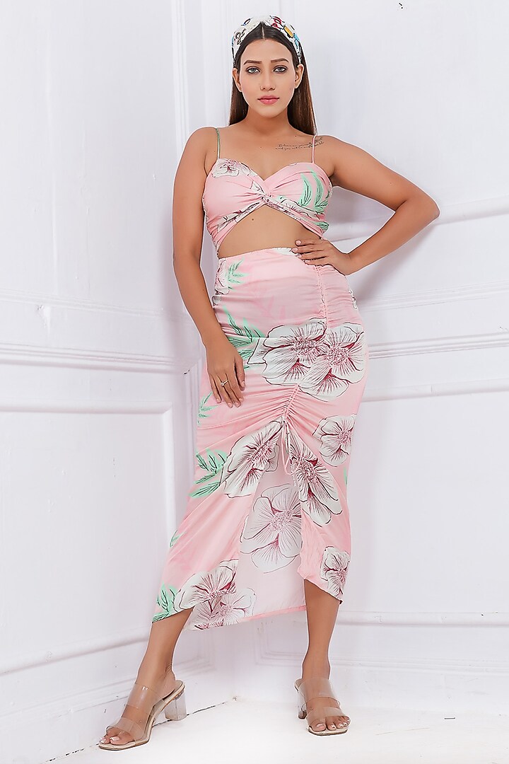Flamingo Pink Viscose Skirt Set by Saangi