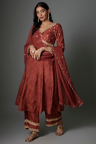 Brown Dola Silk Hand Embroidered Anarkali Set by Saangi