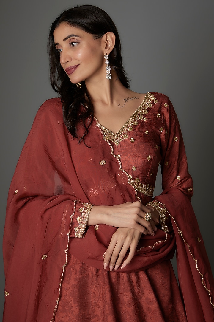 Brown Dola Silk Hand Embroidered Wedding Anarkali Set by Saangi at Pernia's Pop Up Shop