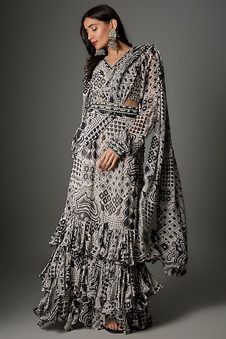 Black & White Georgette Printed Ruffled Saree Set by Saangi