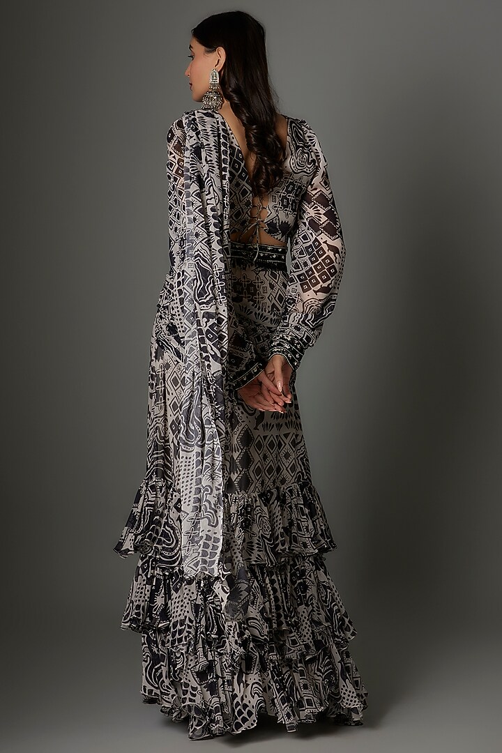 Black & White Georgette Printed Ruffled Party Wear Saree Set by Saangi at Pernia's Pop Up Shop