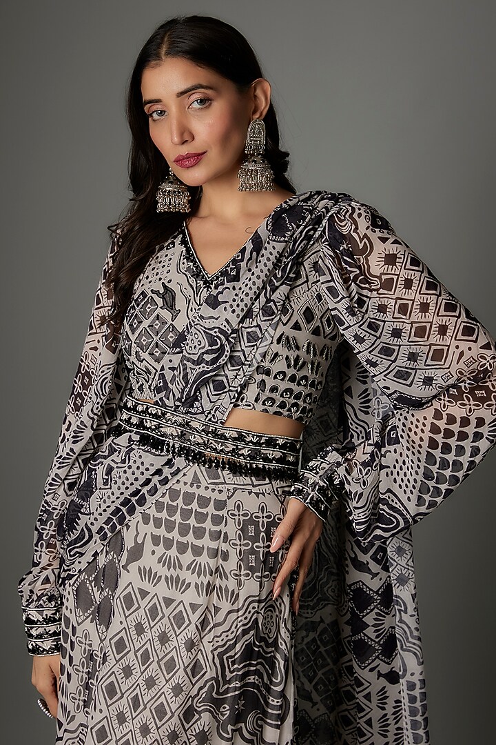 Black & White Georgette Printed Ruffled Party Wear Saree Set by Saangi at Pernia's Pop Up Shop
