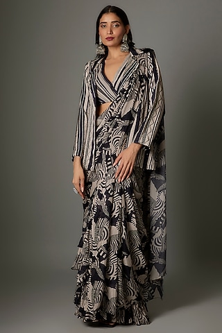 Black Georgette Zebra Printed Draped Jacket Saree Set by Saangi
